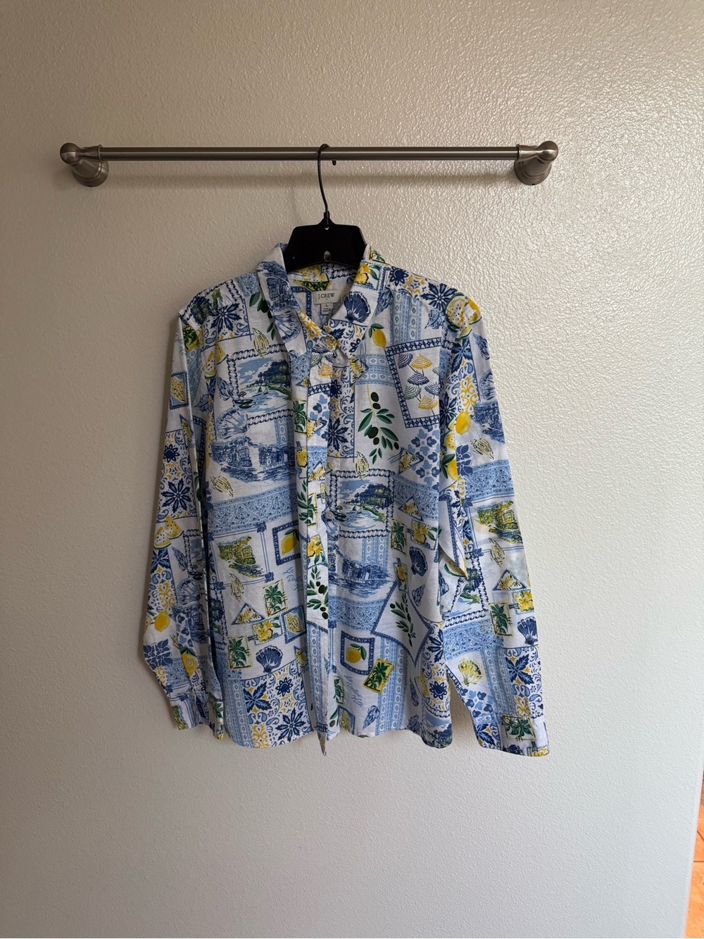 J. Crew White Button-Down Shirt with Blue, Yellow & Green Tile Print